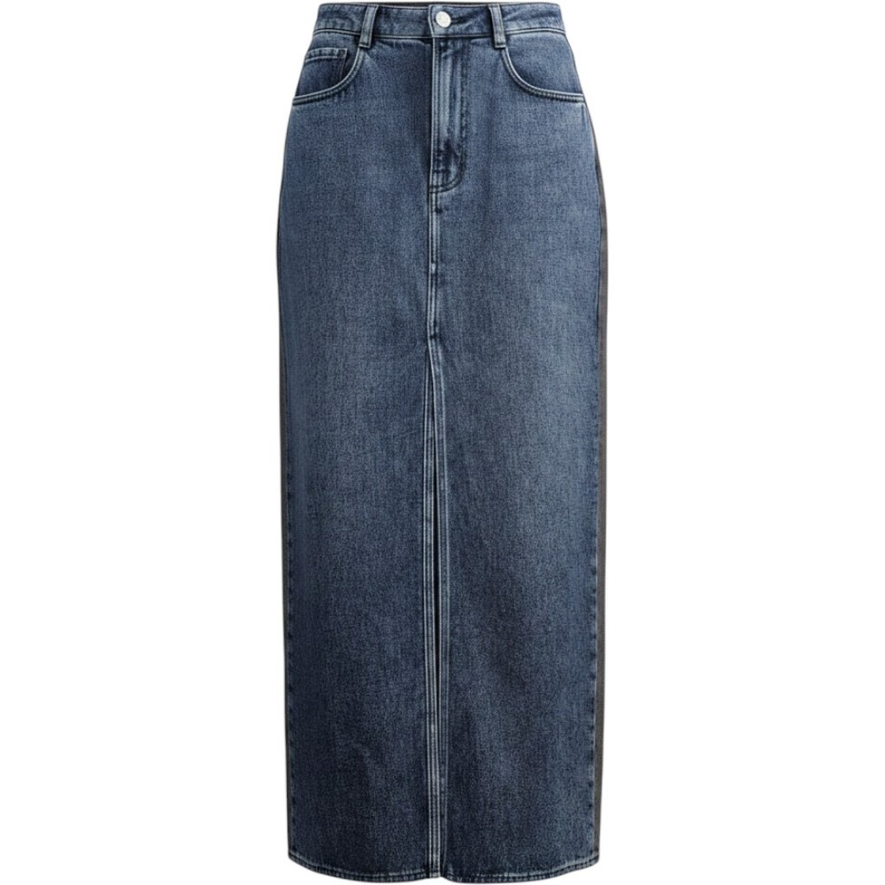 (nude) Italy Denim Maxi Skirt Womens 4 Two Tone Colorblock Front Slit Designer